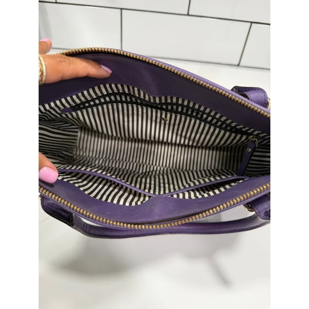Kate Spade New York Purple Leather Satchel Zip Top Tote Bag Silver Hardware